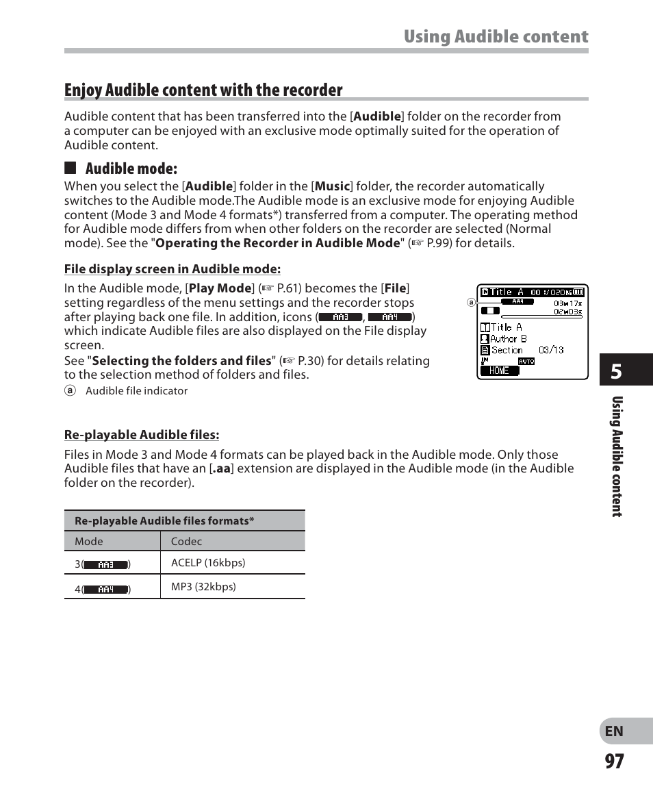 Using audible content, Enjoy audible content with the recorder, 4 audible mode | Olympus DM 620 User Manual | Page 97 / 113