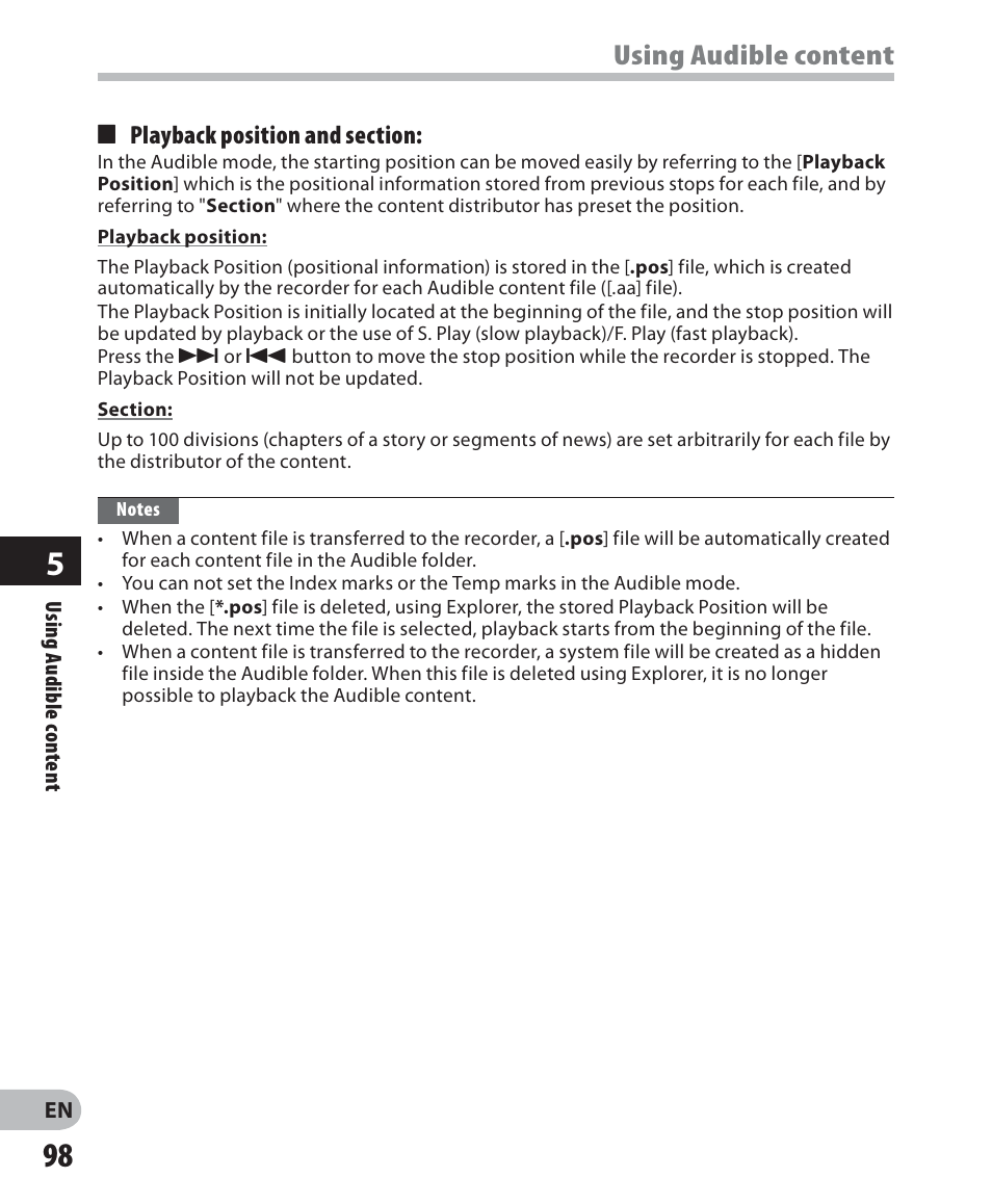 Using audible content | Olympus DM 620 User Manual | Page 98 / 113