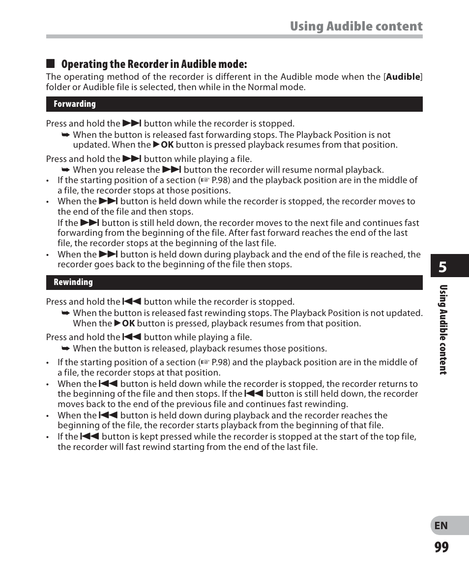 Using audible content, 4 operating the recorder in audible mode | Olympus DM 620 User Manual | Page 99 / 113