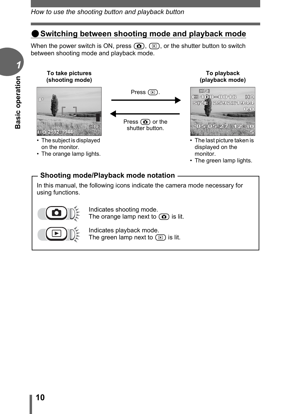 Shooting mode/playback mode notation” (p. 10), Switching between shooting mode and playback mode | Olympus C-180 User Manual | Page 10 / 114