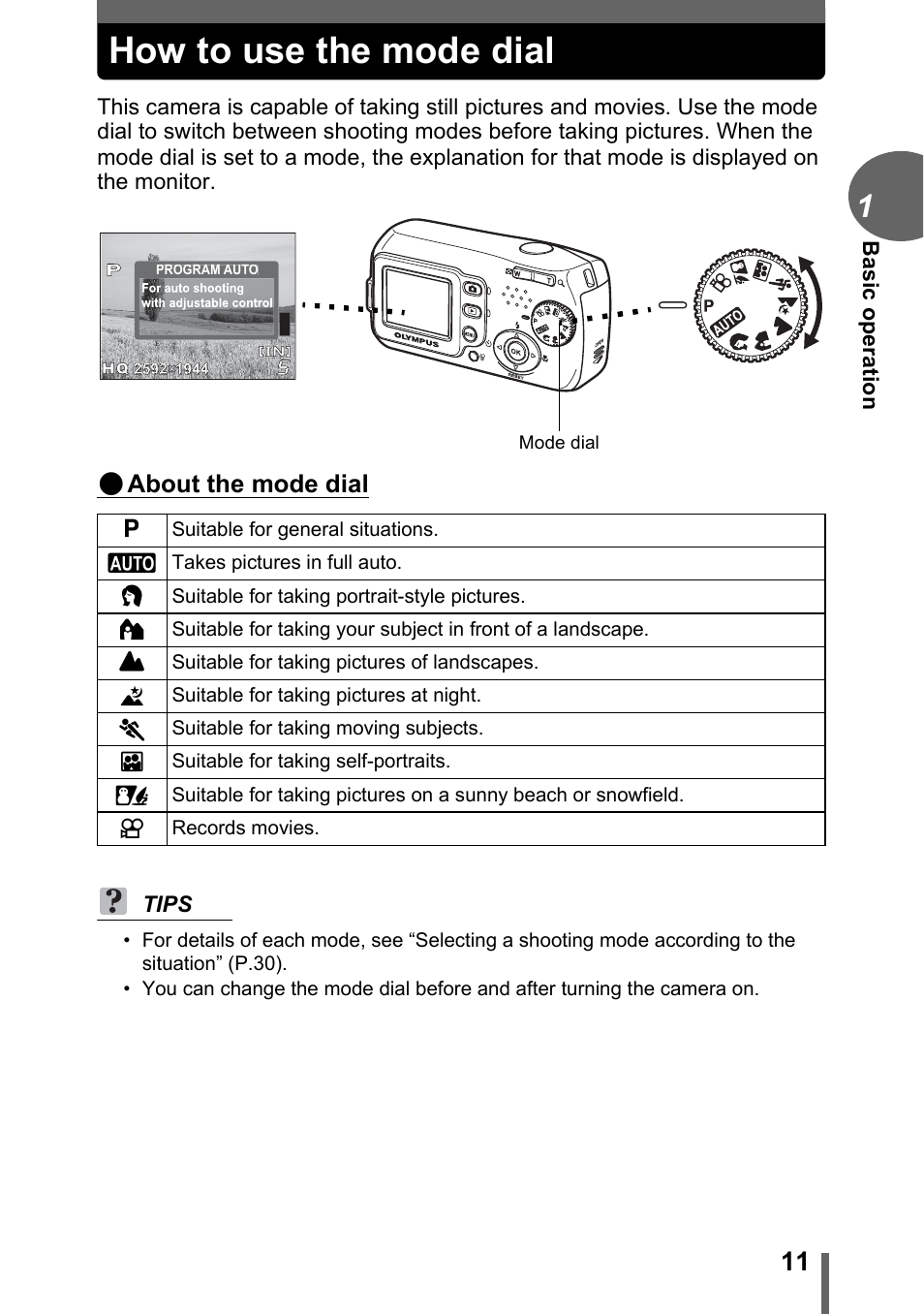 How to use the mode dial, About the mode dial | Olympus C-180 User Manual | Page 11 / 114