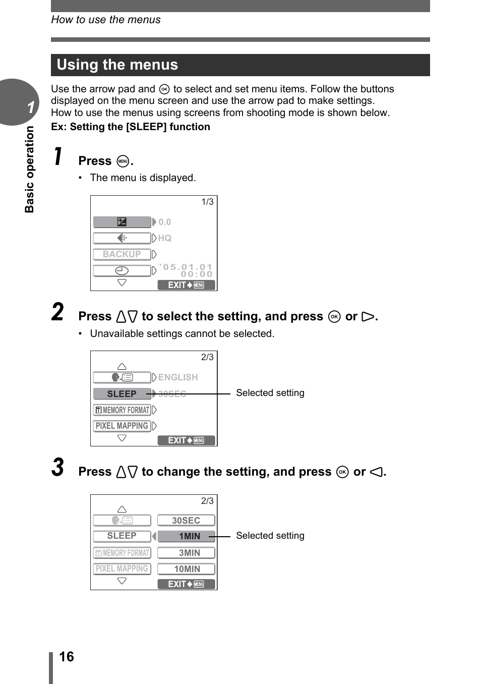 Using the menus | Olympus C-180 User Manual | Page 16 / 114