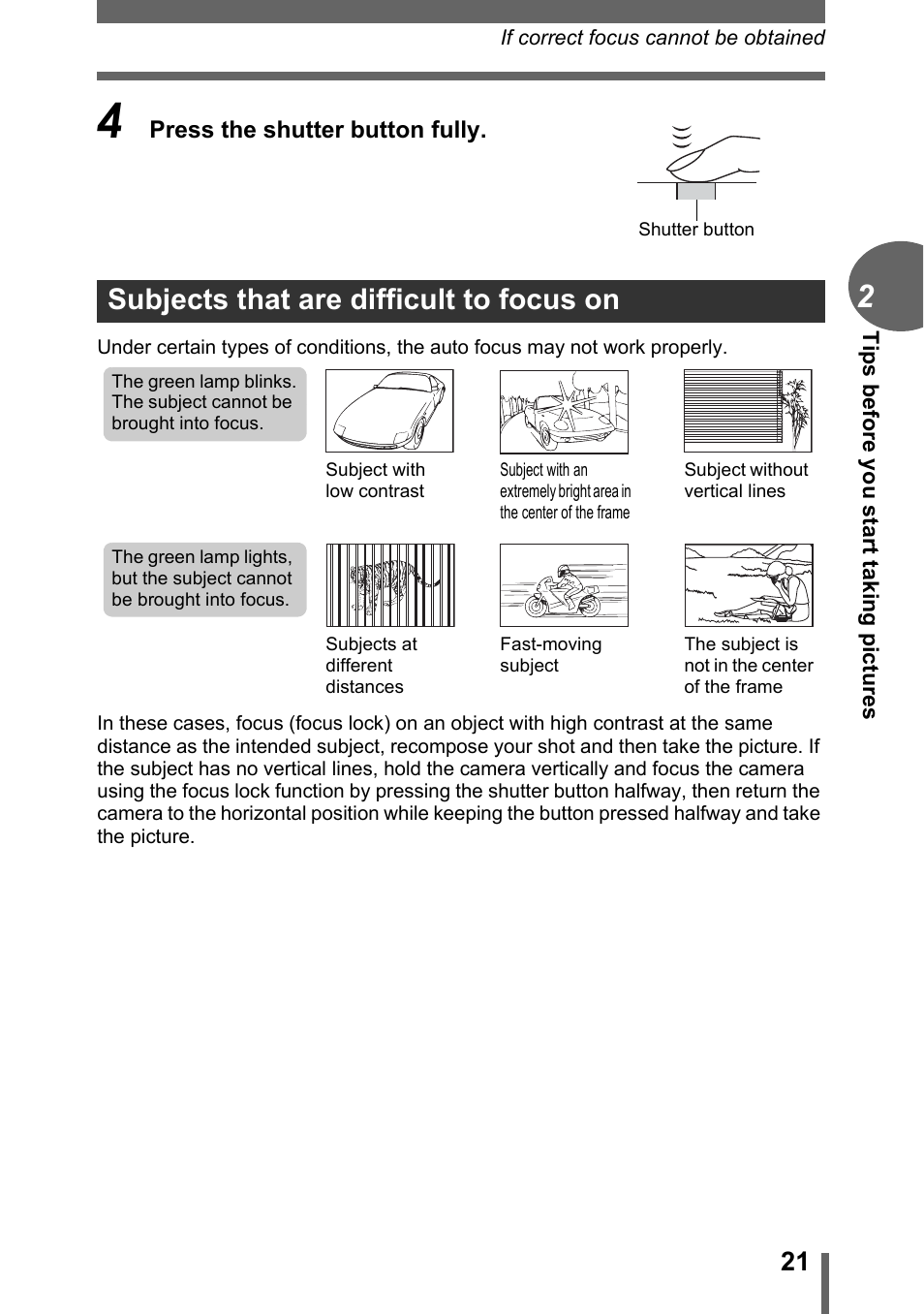 Subjects that are difficult to focus on | Olympus C-180 User Manual | Page 21 / 114