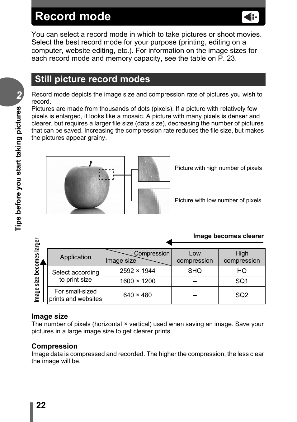 Record mode, Still picture record modes | Olympus C-180 User Manual | Page 22 / 114