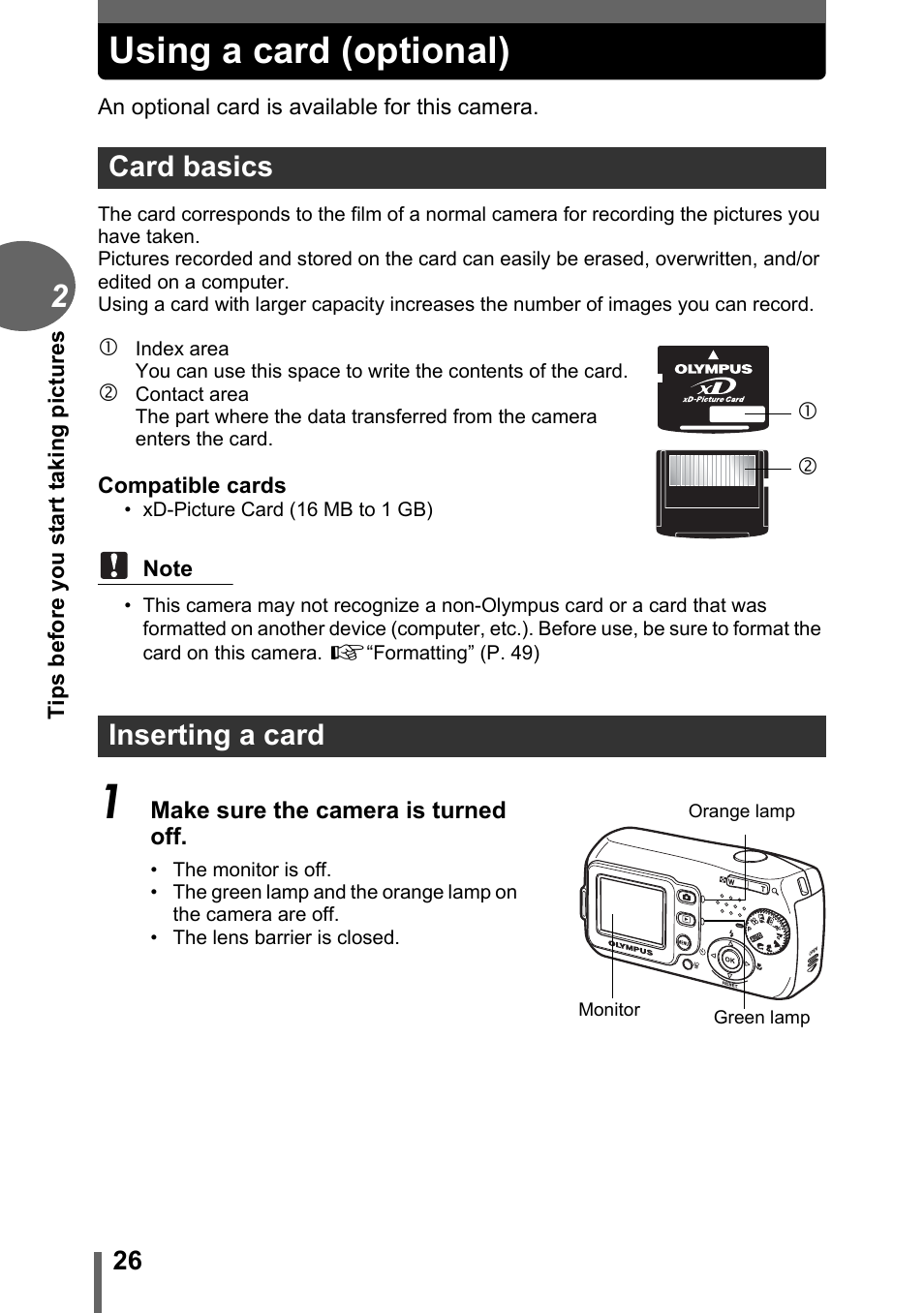 Using a card (optional), Card basics, Inserting a card | Card basics inserting a card | Olympus C-180 User Manual | Page 26 / 114