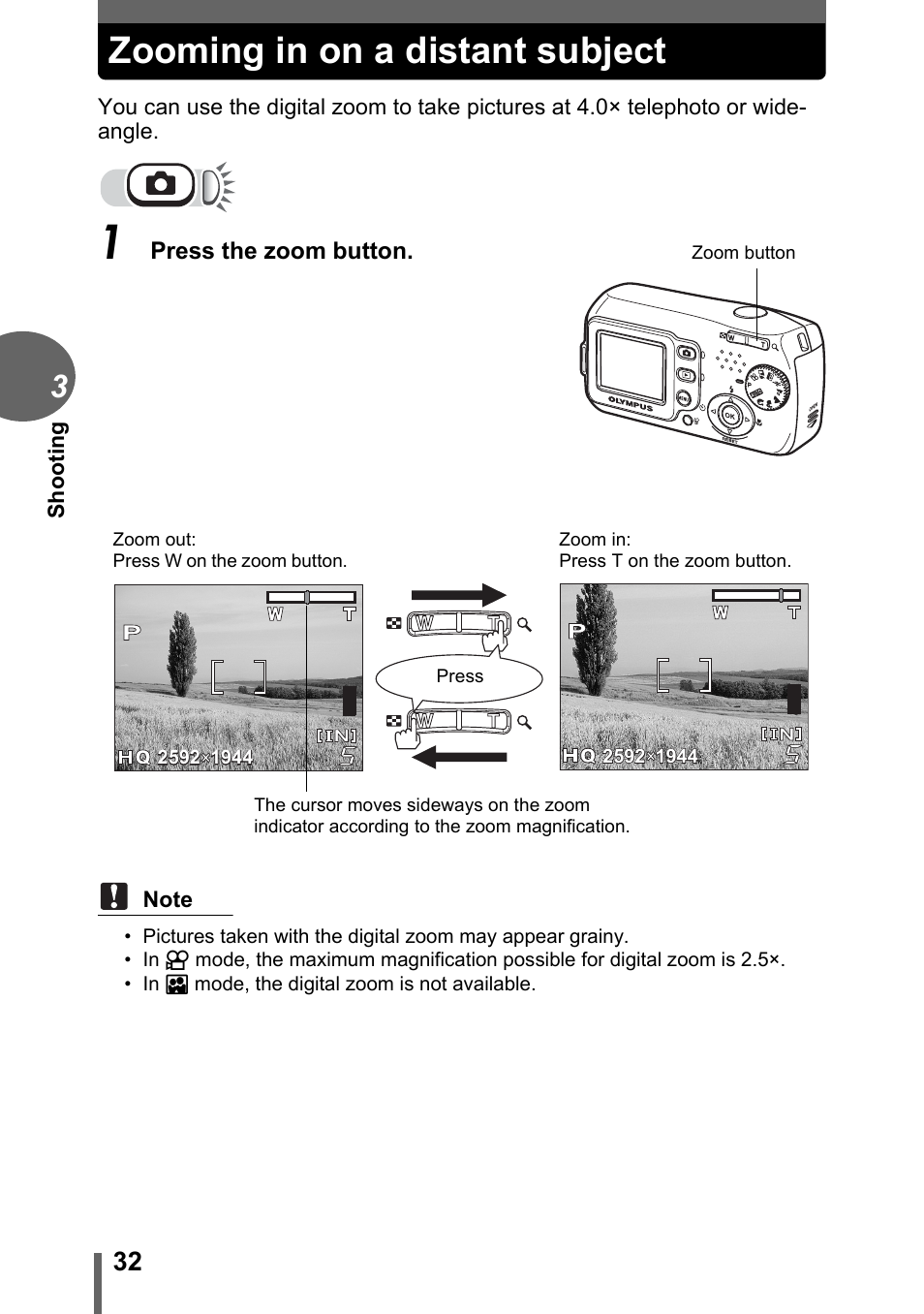 Zooming in on a distant subject | Olympus C-180 User Manual | Page 32 / 114