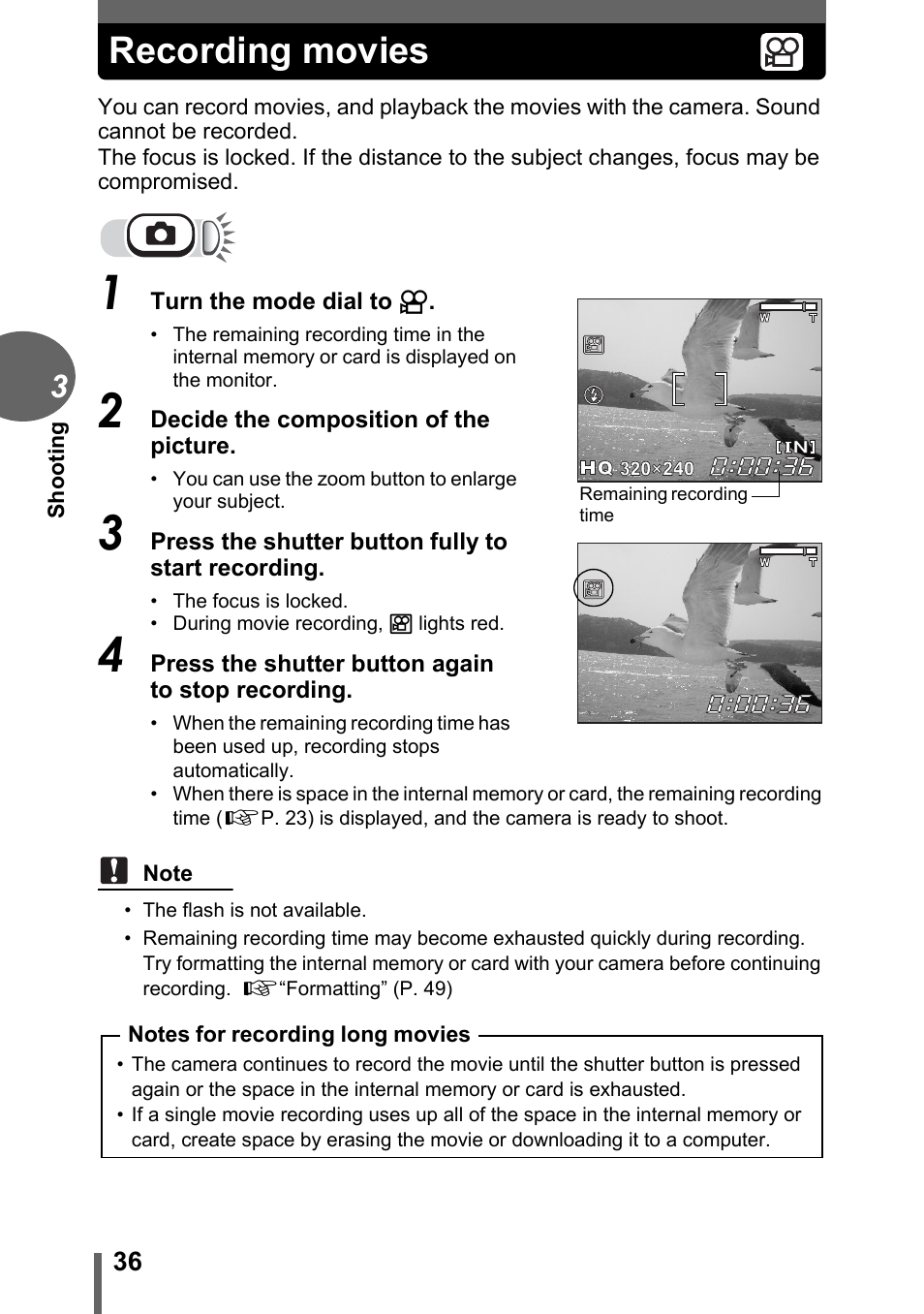 Recording movies | Olympus C-180 User Manual | Page 36 / 114