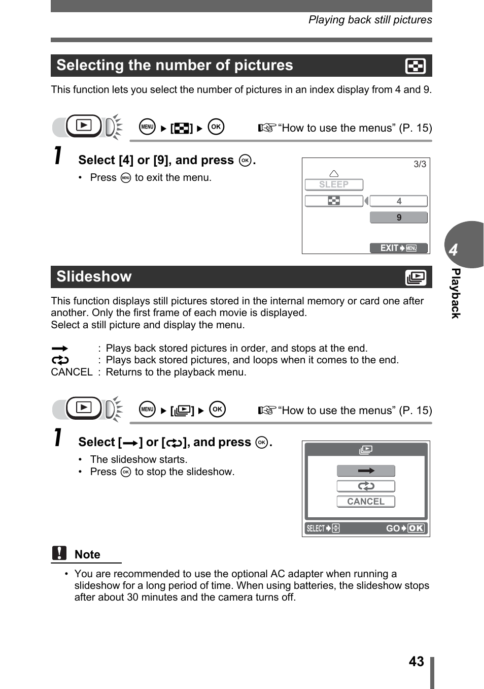 Selecting the number of pictures, Slideshow, Selecting the number of pictures slideshow | Olympus C-180 User Manual | Page 43 / 114