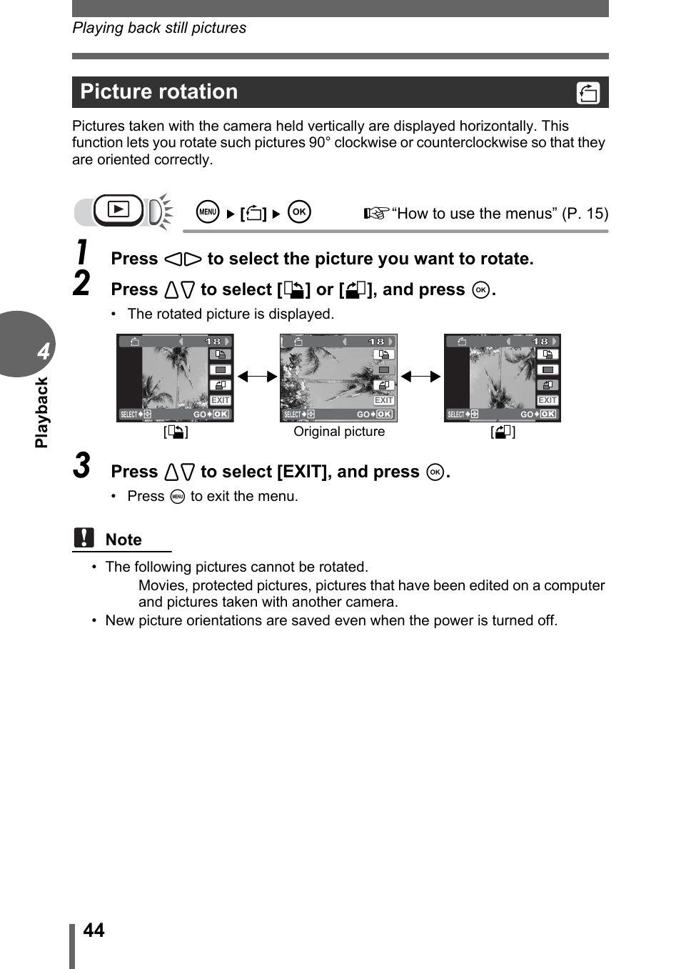 Picture rotation | Olympus C-180 User Manual | Page 44 / 114