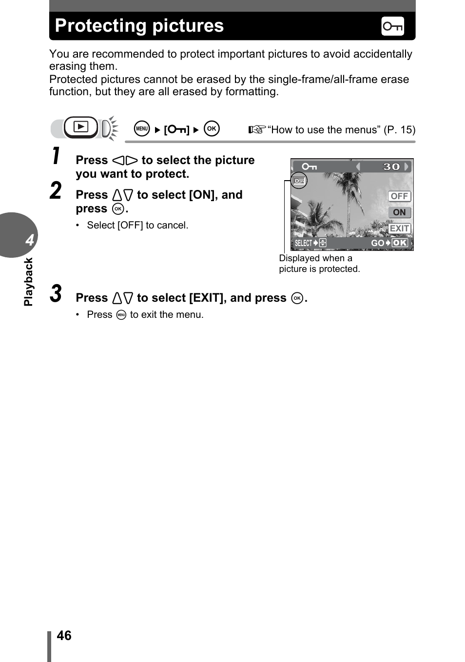 Protecting pictures | Olympus C-180 User Manual | Page 46 / 114