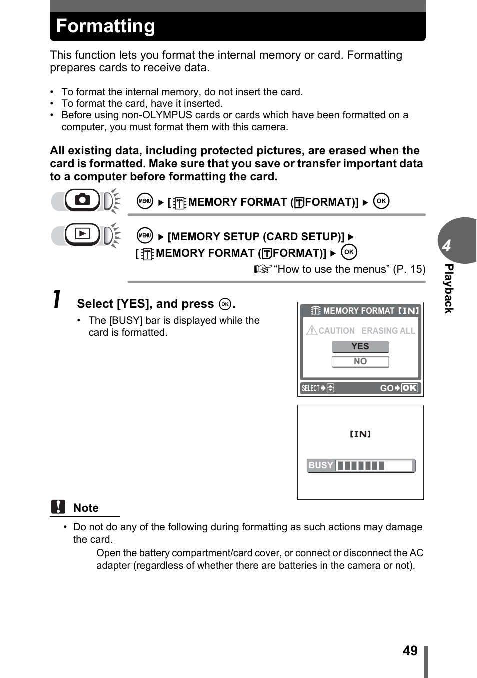 Formatting | Olympus C-180 User Manual | Page 49 / 114