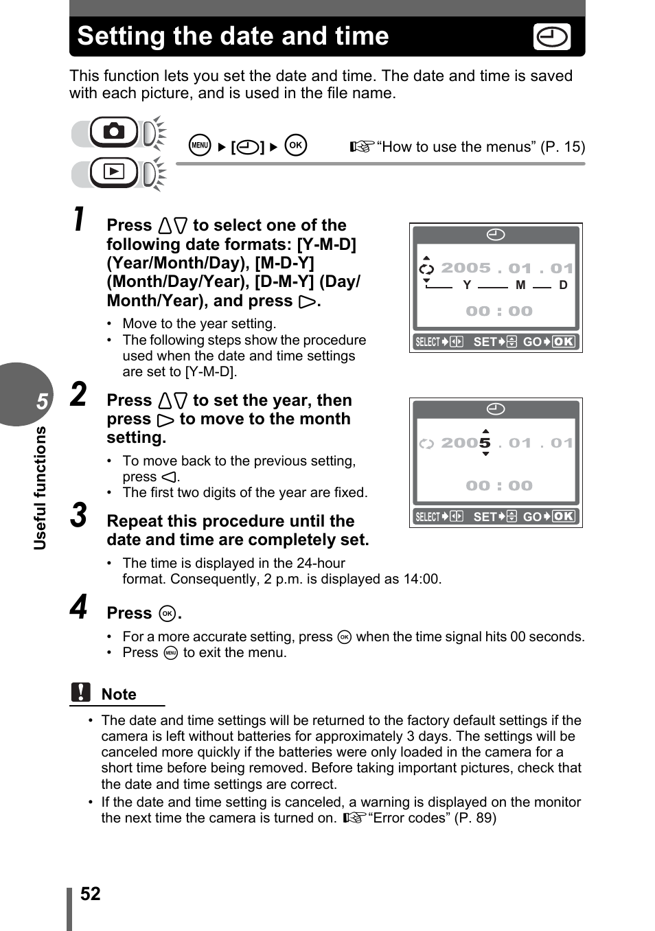 Setting the date and time | Olympus C-180 User Manual | Page 52 / 114