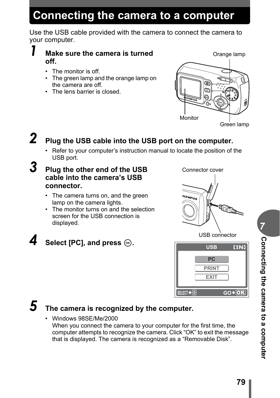 Connecting the camera to a computer, P. 79 | Olympus C-180 User Manual | Page 79 / 114