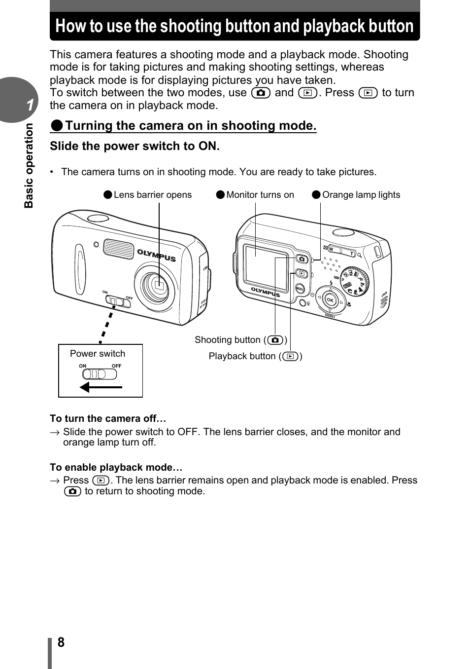 How to use the shooting button and playback button | Olympus C-180 User Manual | Page 8 / 114