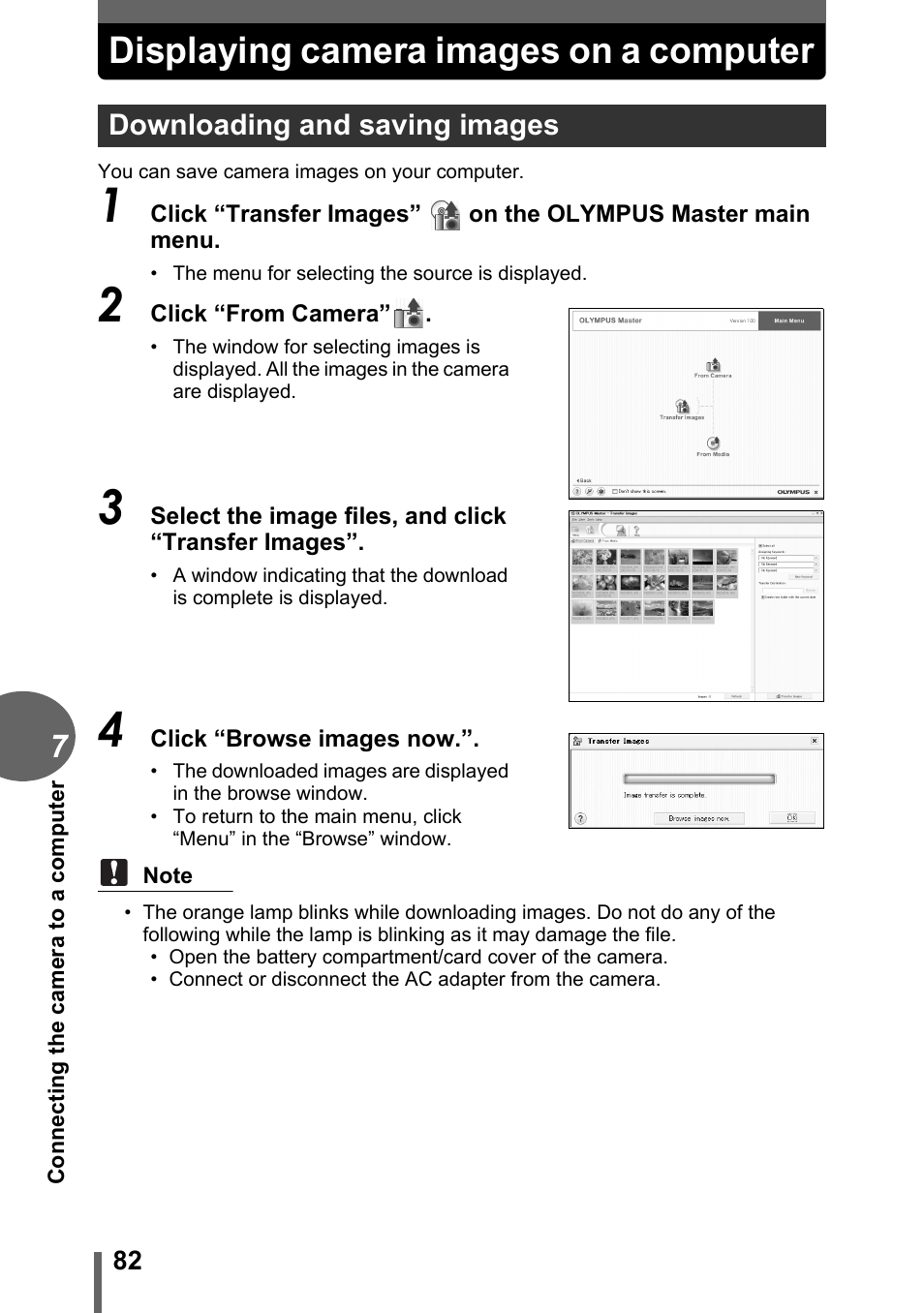 Displaying camera images on a computer, Downloading and saving images, P. 82 | Olympus C-180 User Manual | Page 82 / 114