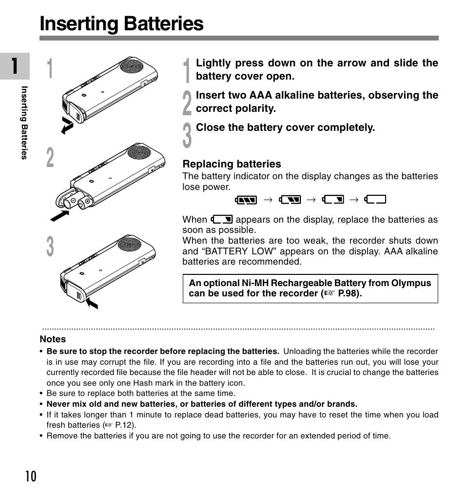 Inserting batteries | Olympus VOICE & MUSIC DM-20 User Manual | Page 10 / 101