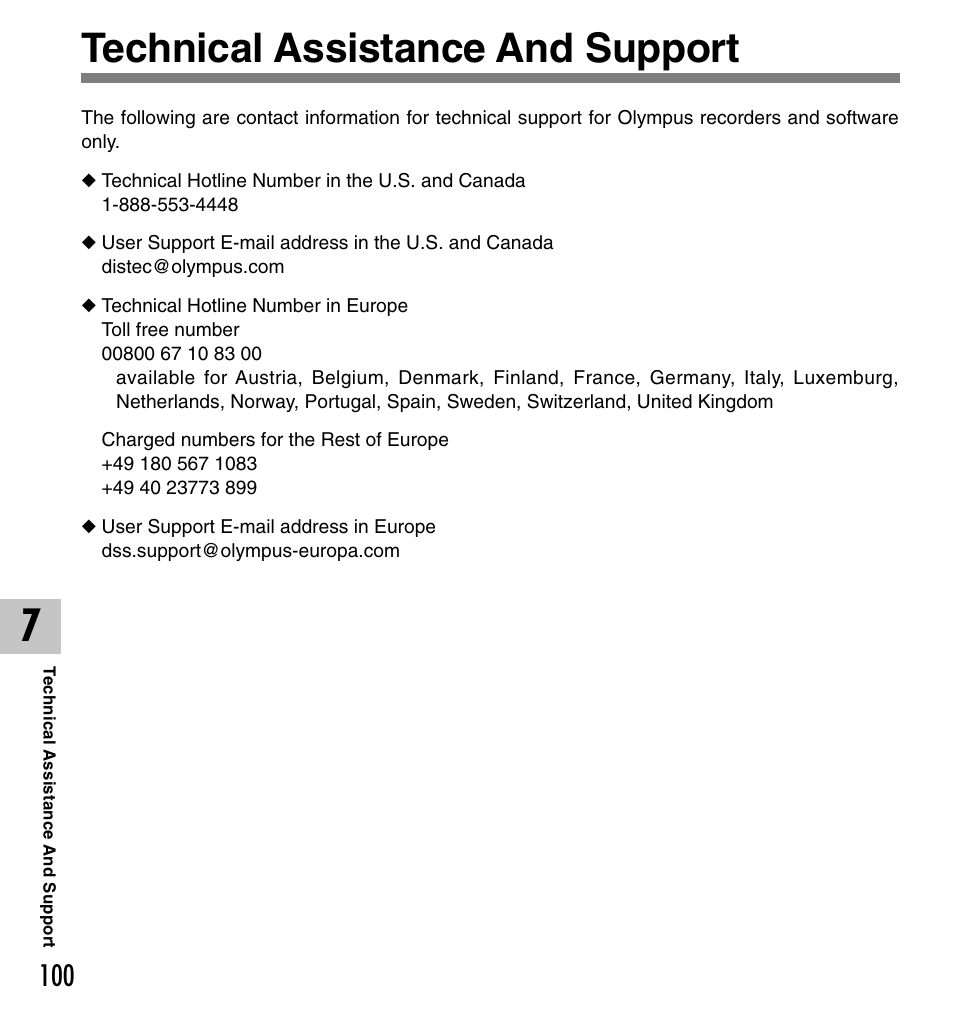 Technical assistance and support | Olympus VOICE & MUSIC DM-20 User Manual | Page 100 / 101