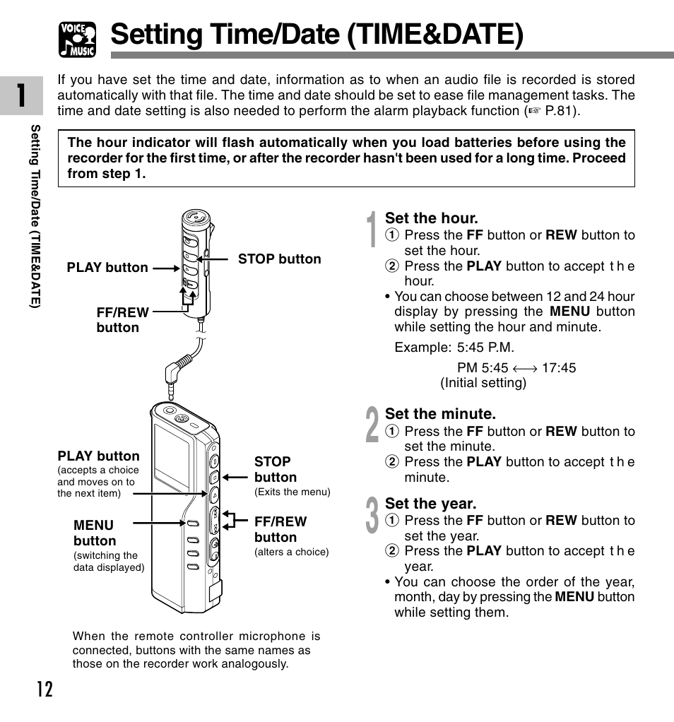 Setting time/date (time&date) | Olympus VOICE & MUSIC DM-20 User Manual | Page 12 / 101