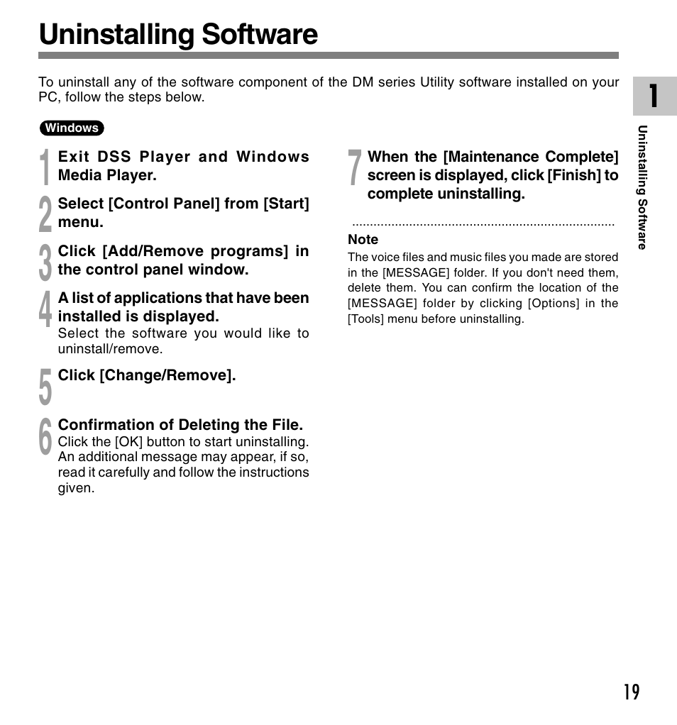 Uninstalling software | Olympus VOICE & MUSIC DM-20 User Manual | Page 19 / 101