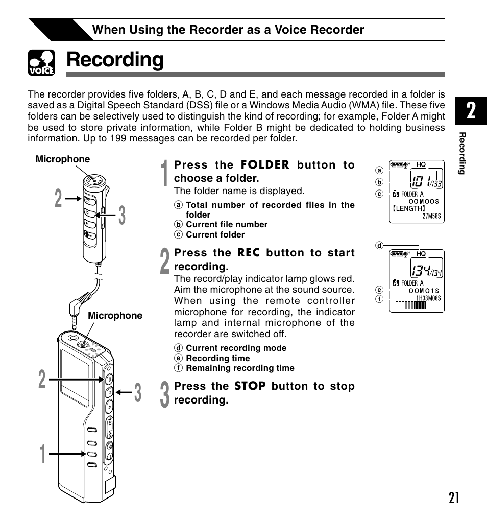 Recording | Olympus VOICE & MUSIC DM-20 User Manual | Page 21 / 101