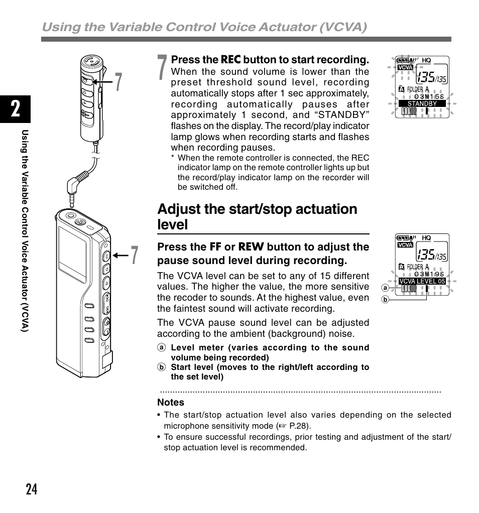 Adjust the start/stop actuation level | Olympus VOICE & MUSIC DM-20 User Manual | Page 24 / 101