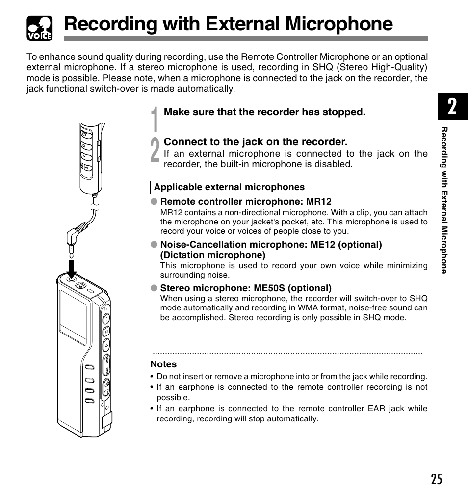 Recording with external microphone | Olympus VOICE & MUSIC DM-20 User Manual | Page 25 / 101