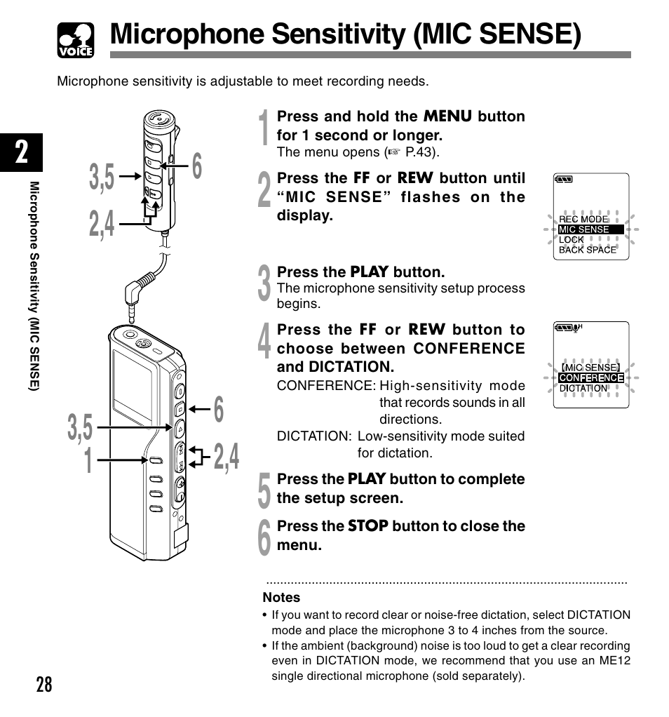 Microphone sensitivity (mic sense) | Olympus VOICE & MUSIC DM-20 User Manual | Page 28 / 101