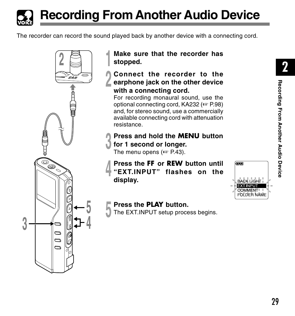 Recording from another audio device | Olympus VOICE & MUSIC DM-20 User Manual | Page 29 / 101