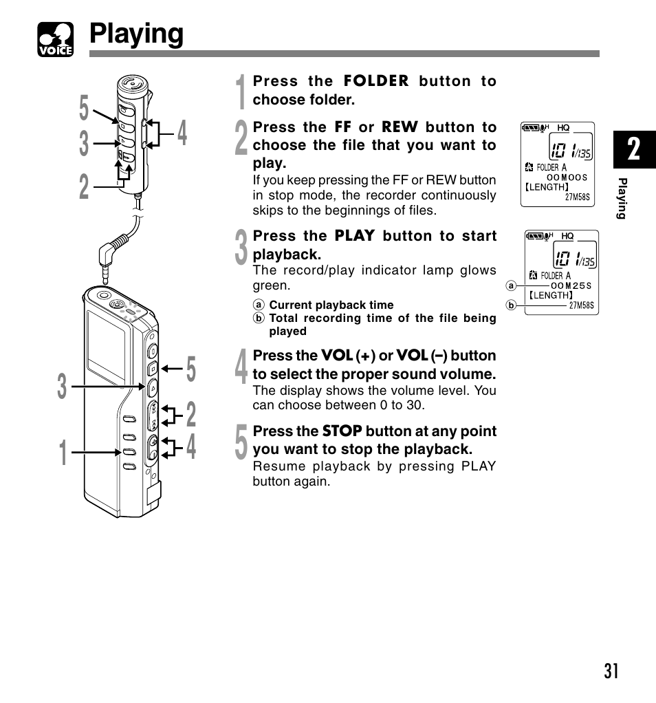 Playing | Olympus VOICE & MUSIC DM-20 User Manual | Page 31 / 101