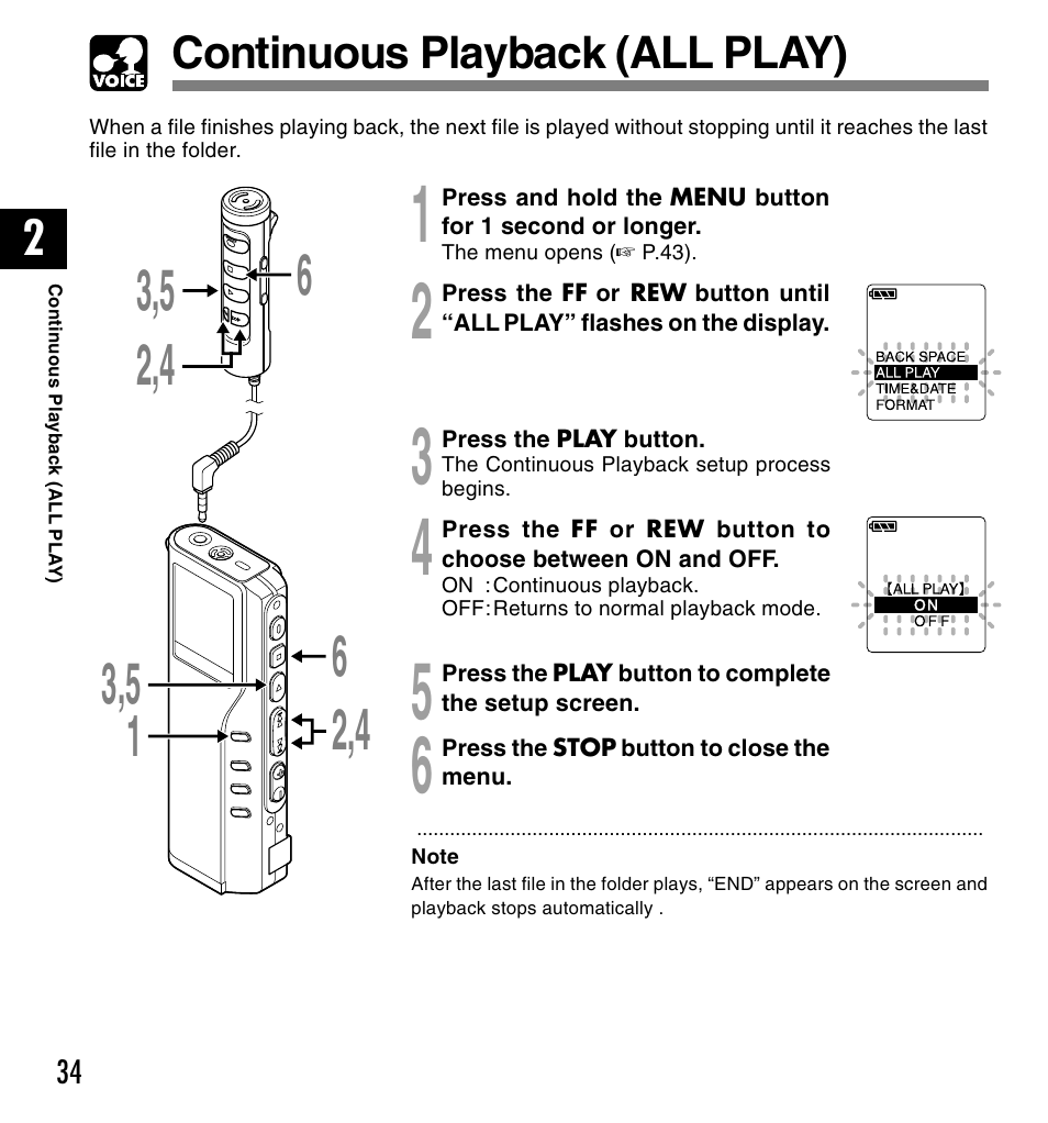 Continuous playback (all play) | Olympus VOICE & MUSIC DM-20 User Manual | Page 34 / 101