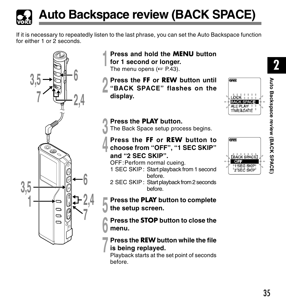 Auto backspace review (back space) | Olympus VOICE & MUSIC DM-20 User Manual | Page 35 / 101