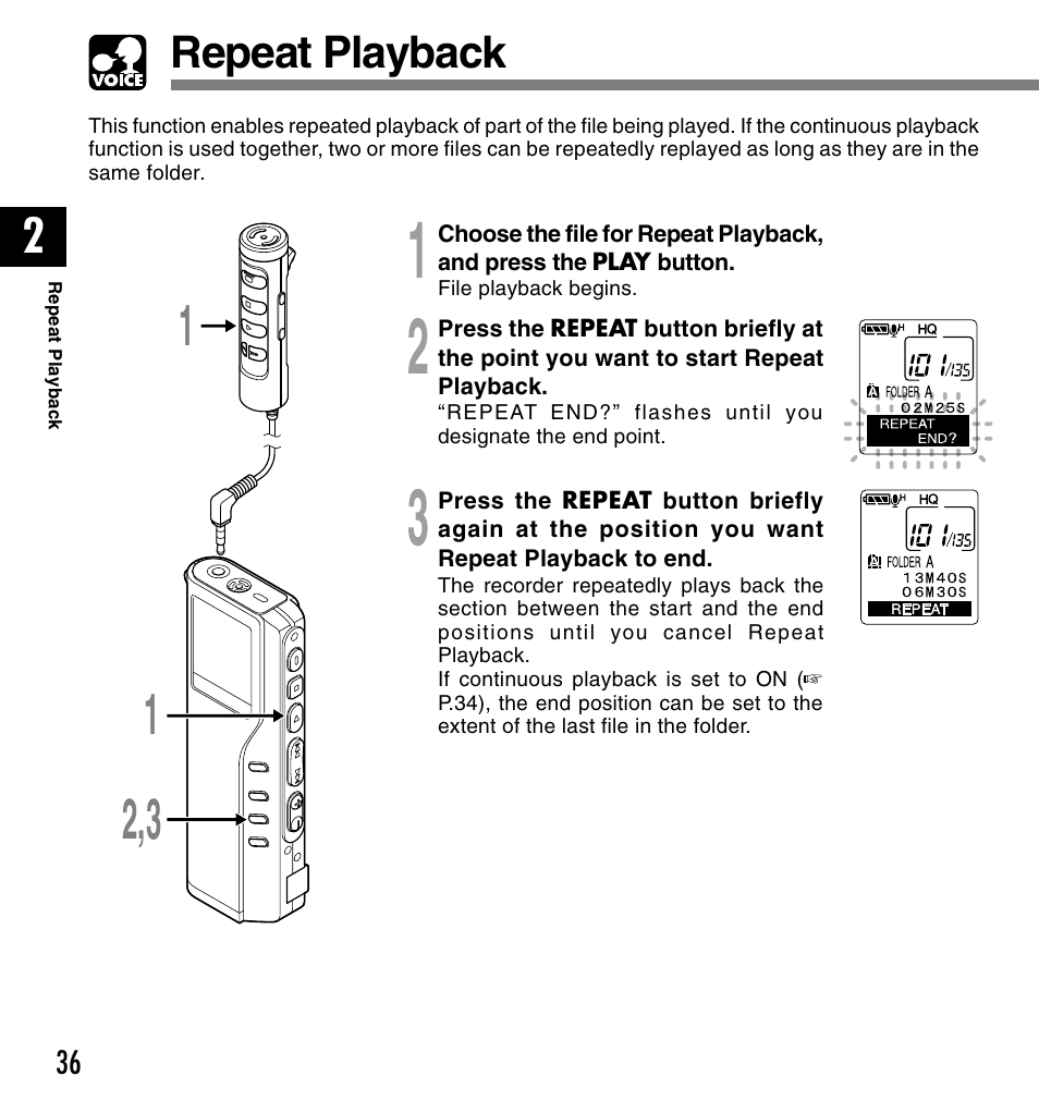 Repeat playback | Olympus VOICE & MUSIC DM-20 User Manual | Page 36 / 101