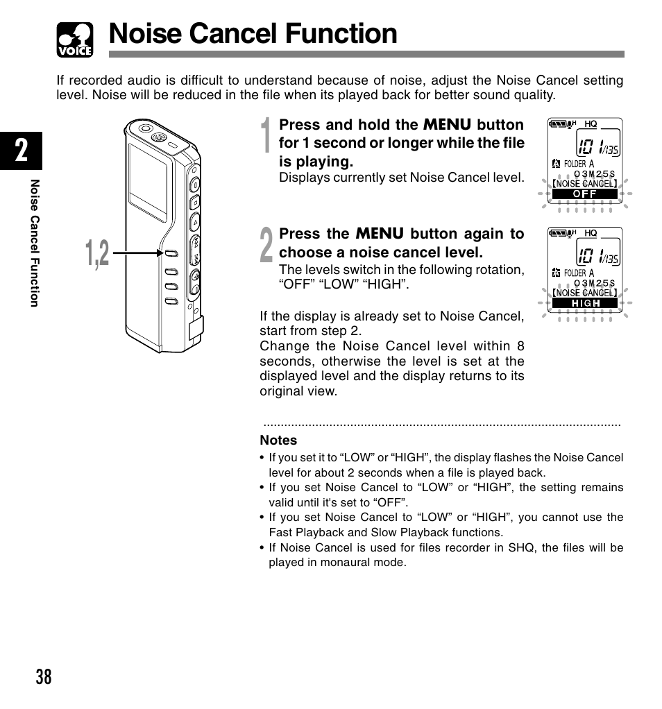 Noise cancel function | Olympus VOICE & MUSIC DM-20 User Manual | Page 38 / 101