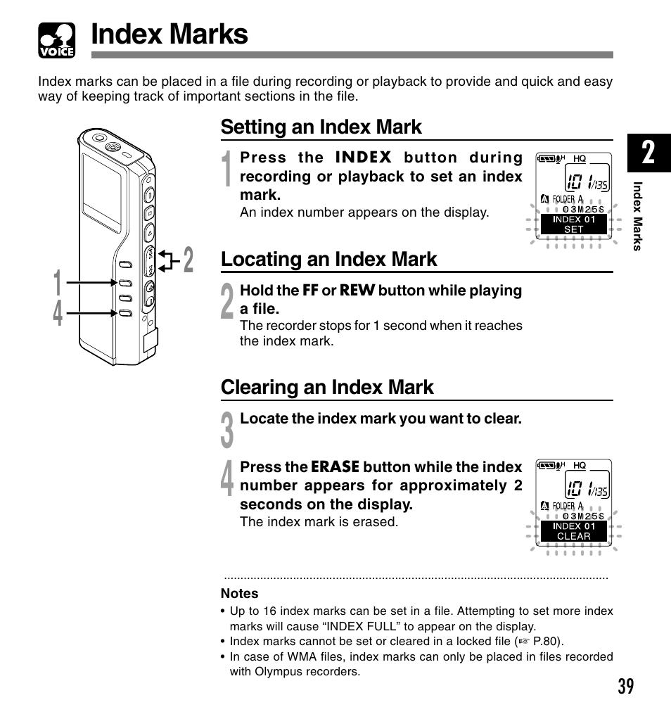 Index marks | Olympus VOICE & MUSIC DM-20 User Manual | Page 39 / 101