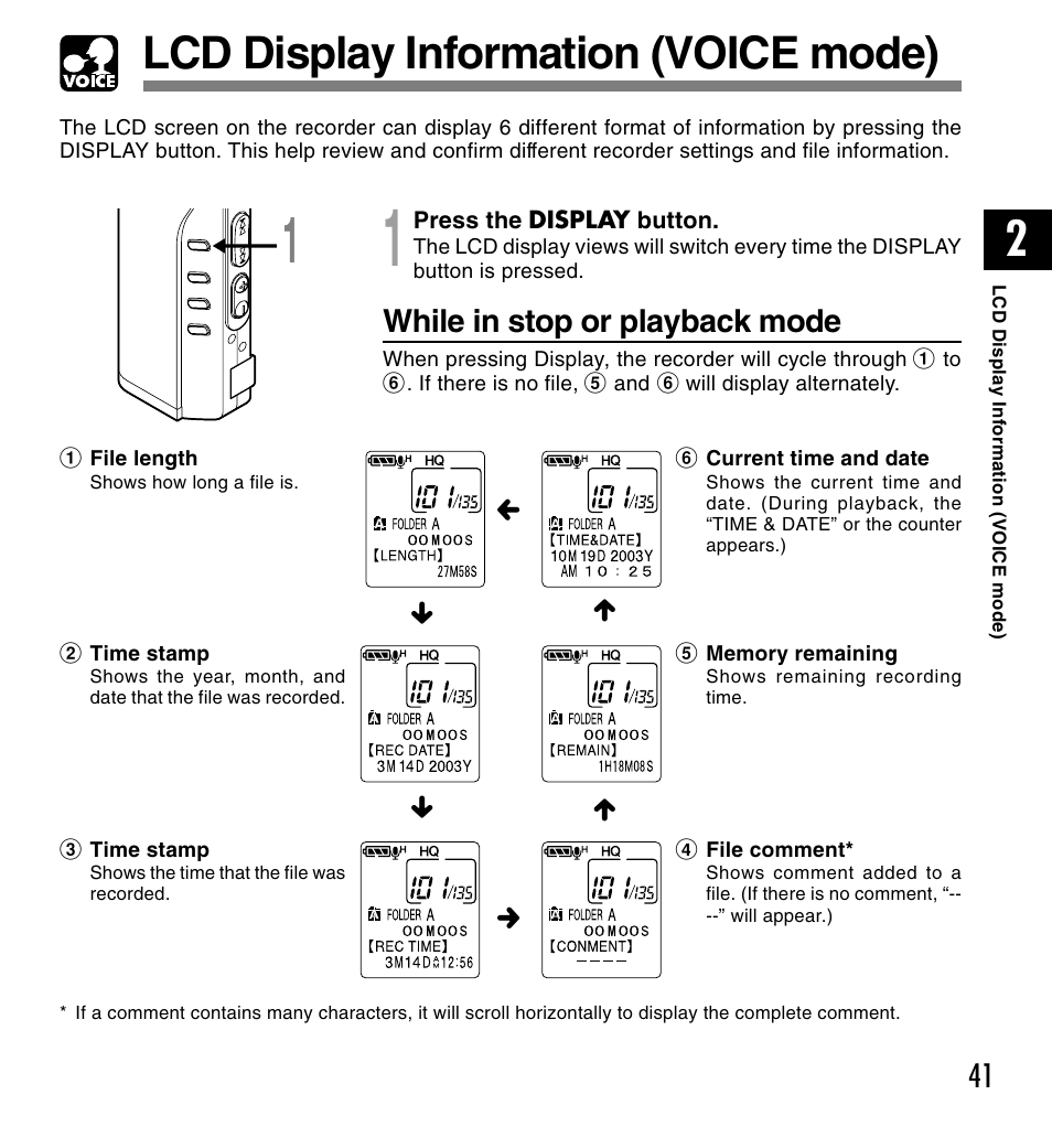 Lcd display information (voice mode), While in stop or playback mode | Olympus VOICE & MUSIC DM-20 User Manual | Page 41 / 101