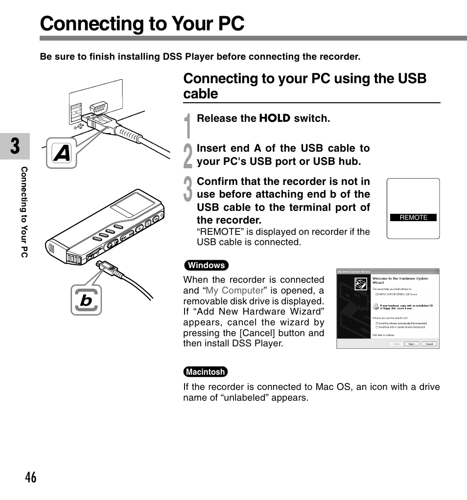 Connecting to your pc | Olympus VOICE & MUSIC DM-20 User Manual | Page 46 / 101