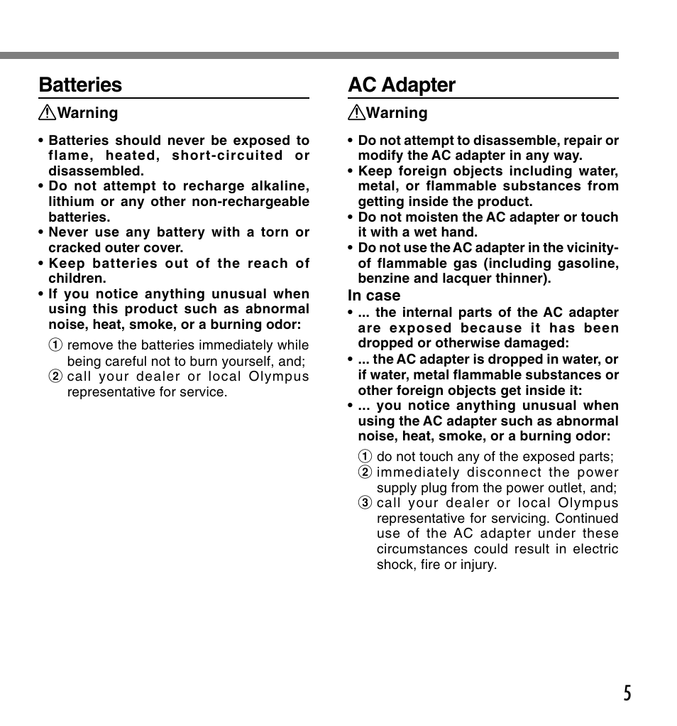 5batteries, Ac adapter | Olympus VOICE & MUSIC DM-20 User Manual | Page 5 / 101