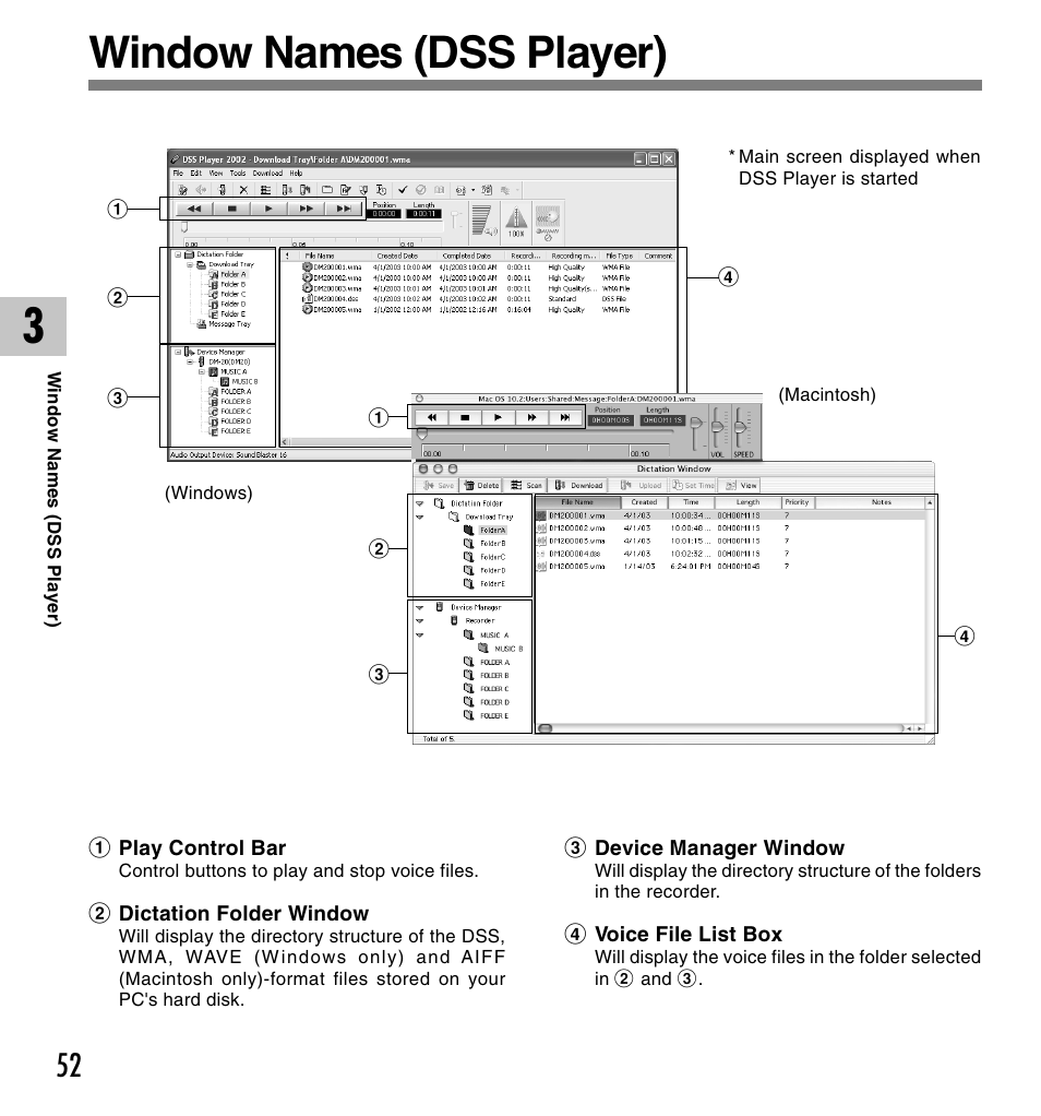 Window names (dss player) | Olympus VOICE & MUSIC DM-20 User Manual | Page 52 / 101