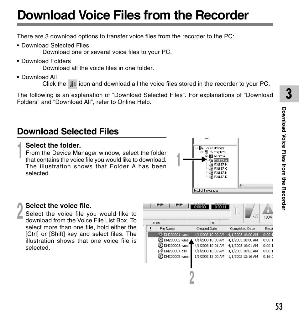 Download voice files from the recorder | Olympus VOICE & MUSIC DM-20 User Manual | Page 53 / 101