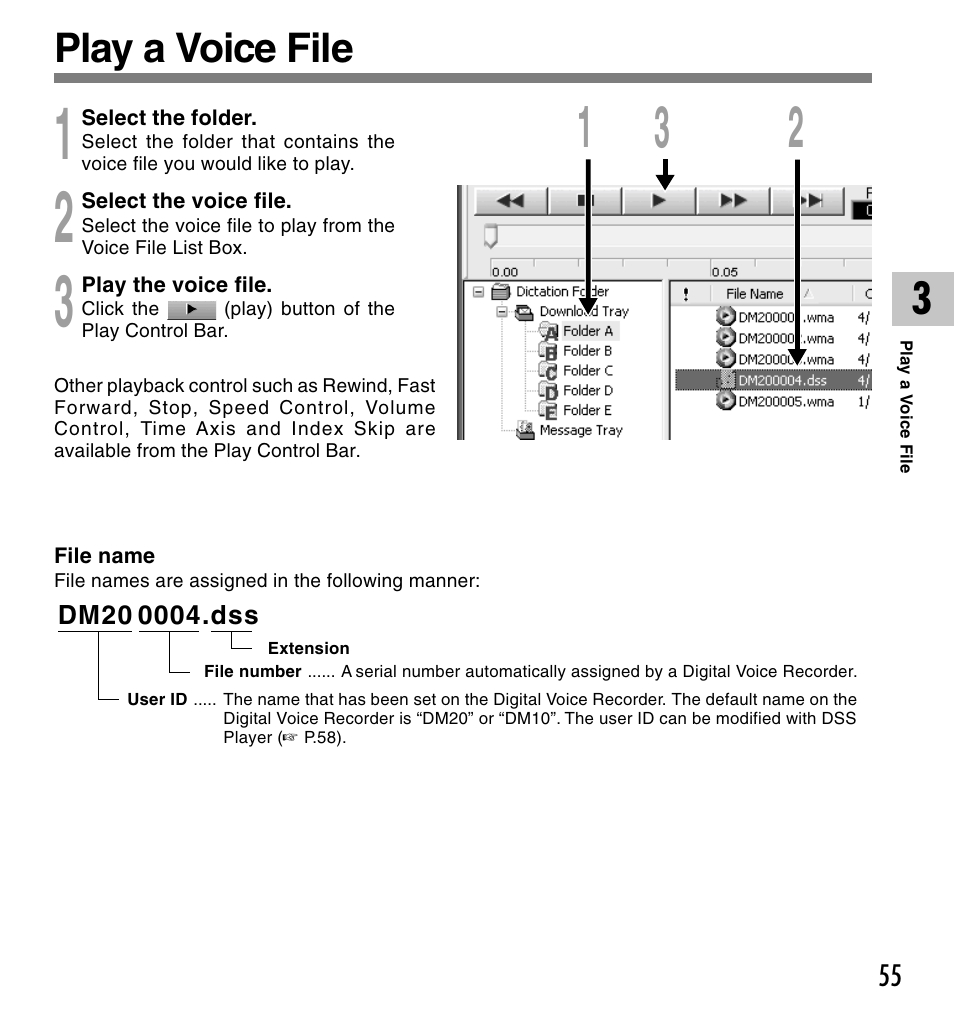 Play a voice file | Olympus VOICE & MUSIC DM-20 User Manual | Page 55 / 101