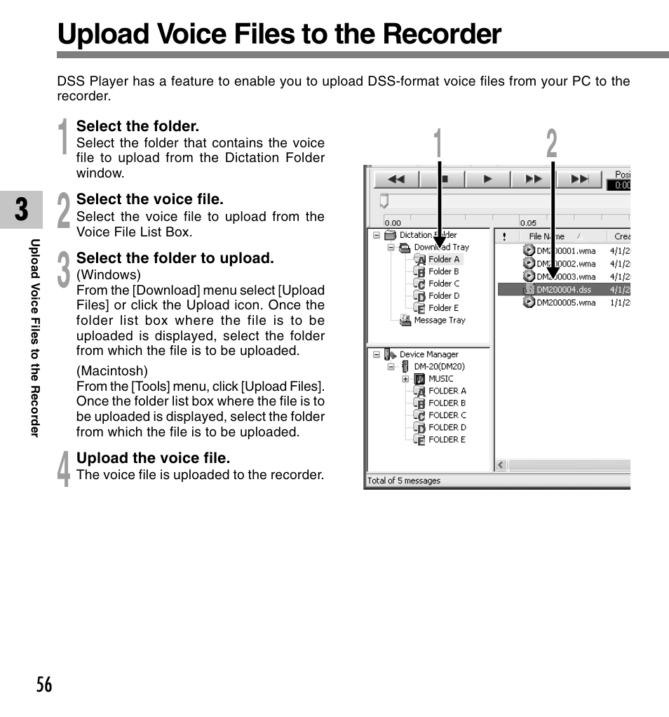 Upload voice files to the recorder | Olympus VOICE & MUSIC DM-20 User Manual | Page 56 / 101