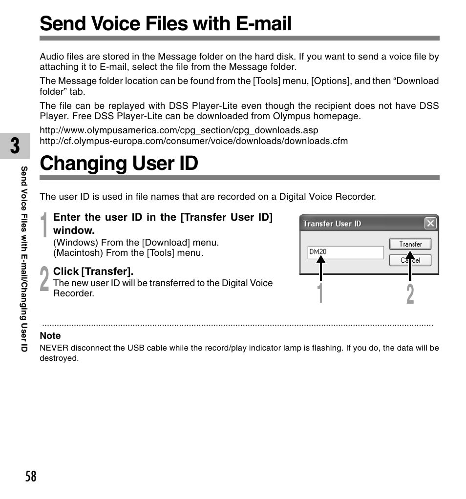 Send voice files with e-mail, Changing user id | Olympus VOICE & MUSIC DM-20 User Manual | Page 58 / 101