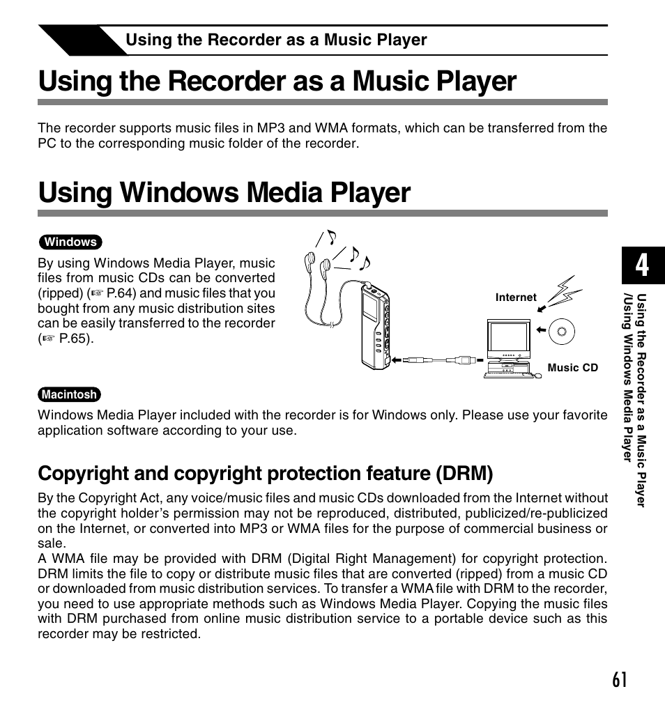 Using the recorder as a music player, Using windows media player, Copyright and copyright protection feature (drm) | Olympus VOICE & MUSIC DM-20 User Manual | Page 61 / 101