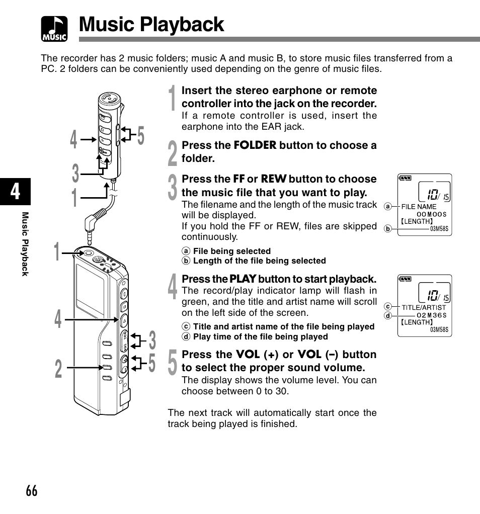 Music playback | Olympus VOICE & MUSIC DM-20 User Manual | Page 66 / 101