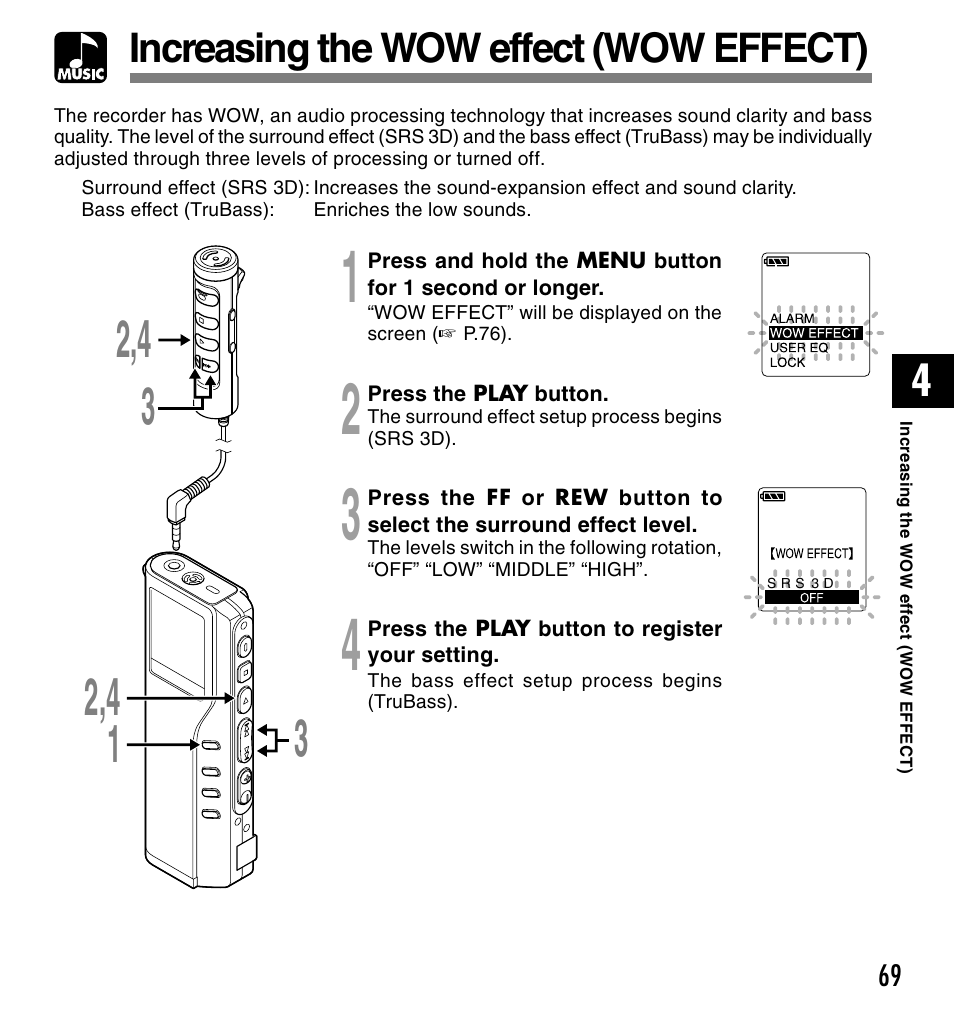 Increasing the wow effect (wow effect) | Olympus VOICE & MUSIC DM-20 User Manual | Page 69 / 101