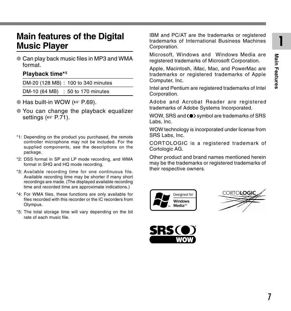 Main features of the digital music player | Olympus VOICE & MUSIC DM-20 User Manual | Page 7 / 101