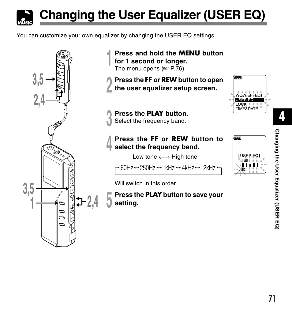 Changing the user equalizer (user eq) | Olympus VOICE & MUSIC DM-20 User Manual | Page 71 / 101