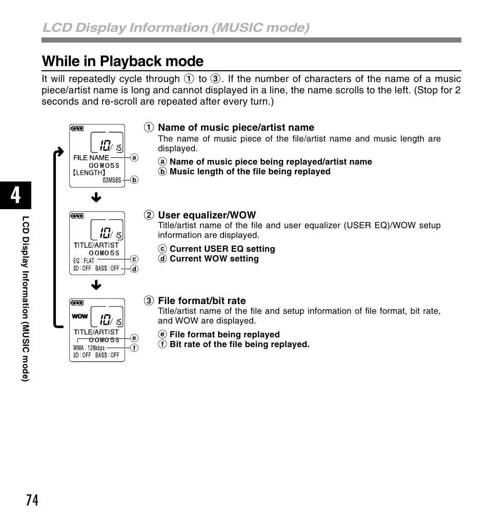 While in playback mode, Lcd display information (music mode) | Olympus VOICE & MUSIC DM-20 User Manual | Page 74 / 101