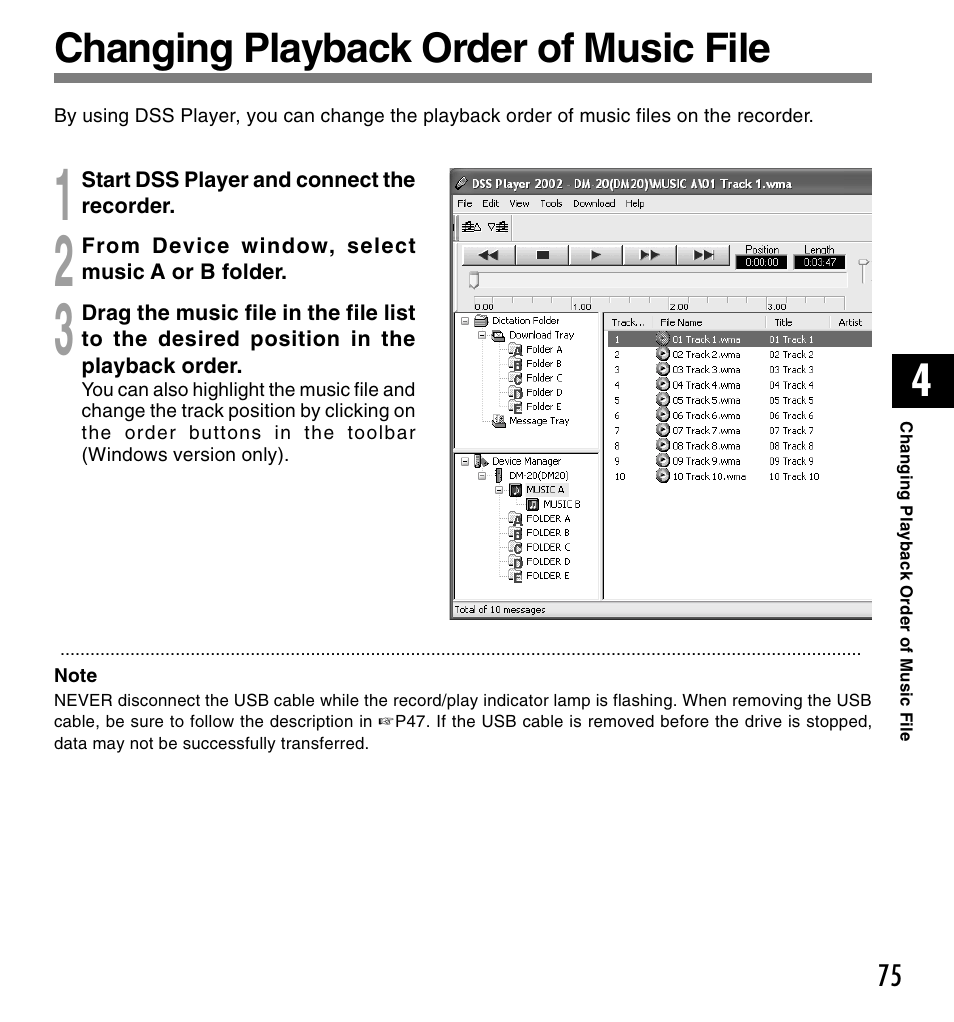 Changing playback order of music file | Olympus VOICE & MUSIC DM-20 User Manual | Page 75 / 101