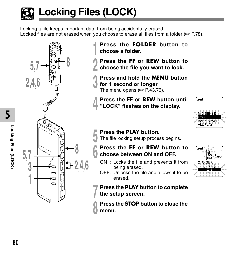 Locking files (lock) | Olympus VOICE & MUSIC DM-20 User Manual | Page 80 / 101